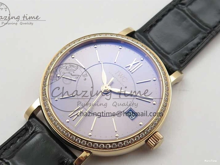 MIROTIME 0522 Durable Portofino 37mm RG V7F 1:1 Best Edition Gray Dial Diamonds Bezel on Black Leather Strap A 7089